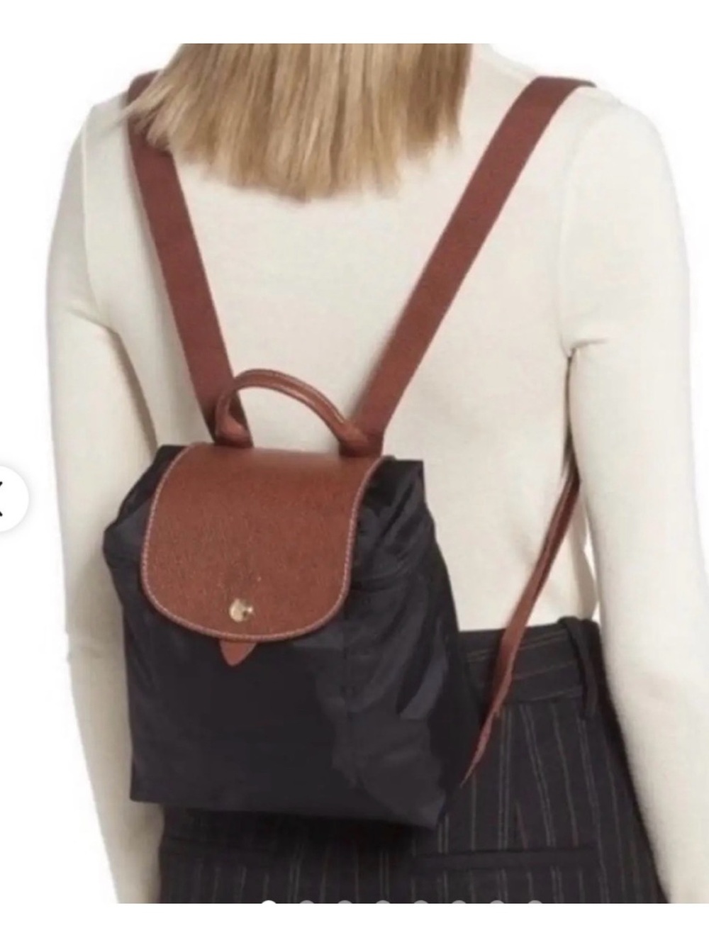 Longchamp Le Pliage Classic Black Backpack with Brown Trim